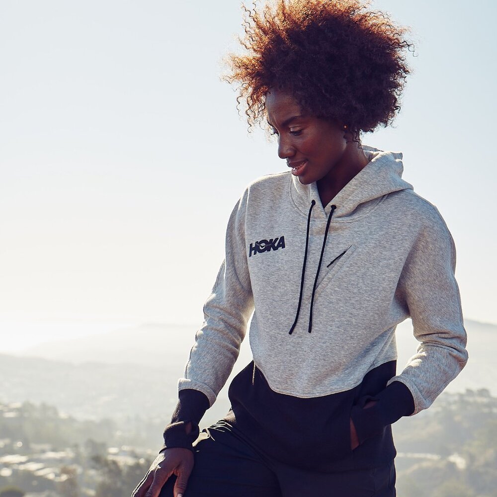 Super cozy HOKA pullover hoodie with unique two-tone design (light grey & black)